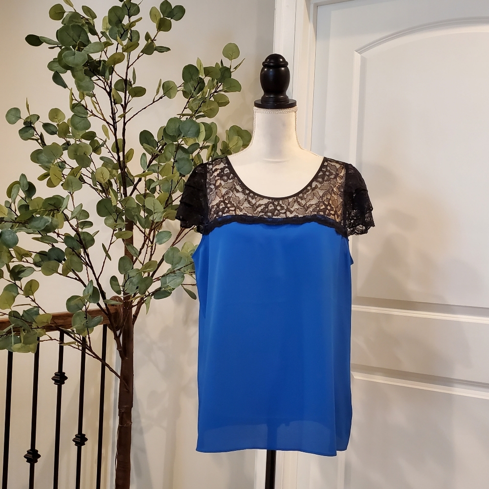 Express Blue Blouse with Black Lace Detail